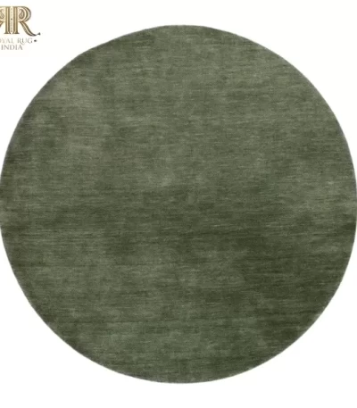 Round forest green wool rug, soft handmade carpet for modern home decor